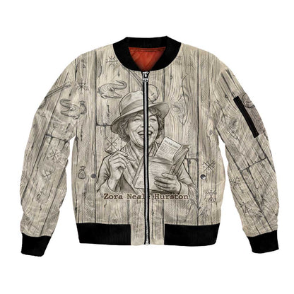 Zora Neale Hurston Sleeve Zip Bomber Jacket Rustic Wood Engraved Style Illustration Joyful Portrait with Book and Map Donkey - African Pride