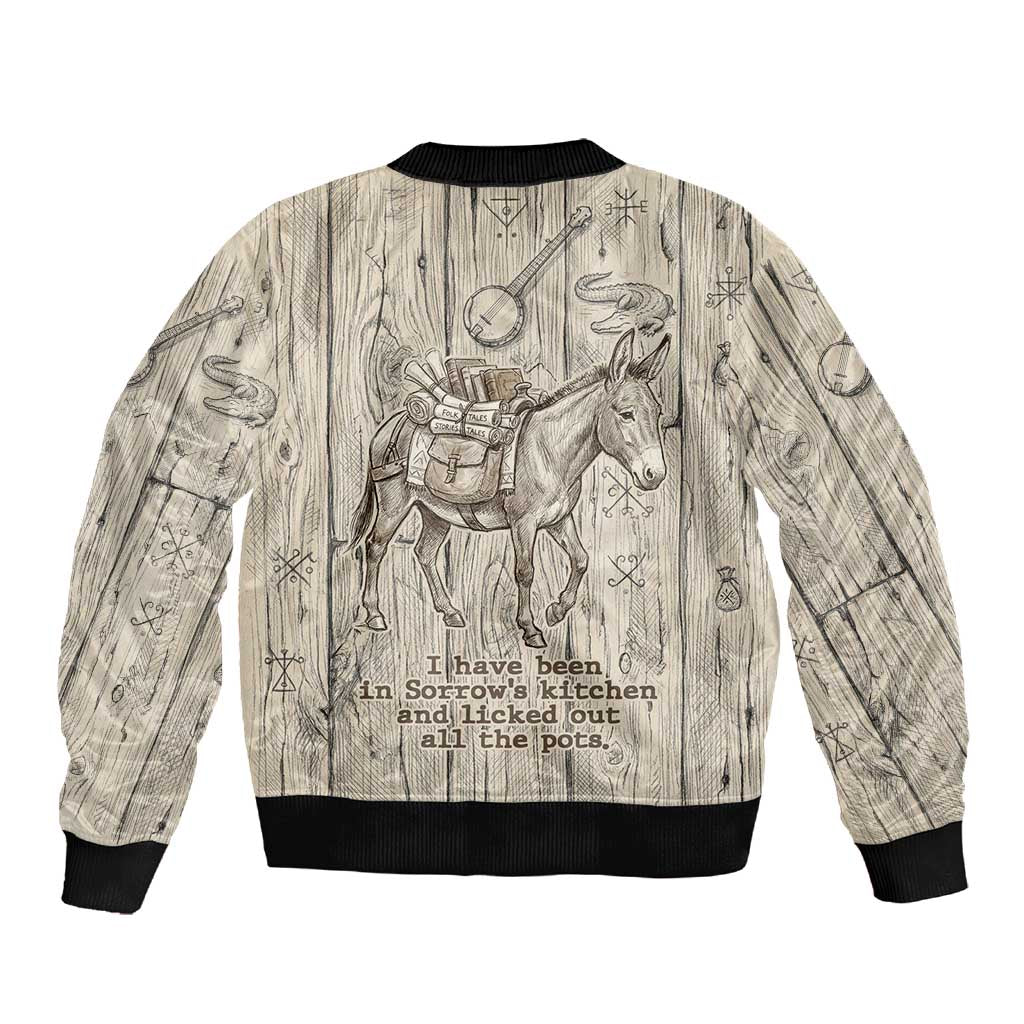 Zora Neale Hurston Sleeve Zip Bomber Jacket Rustic Wood Engraved Style Illustration Joyful Portrait with Book and Map Donkey - African Pride