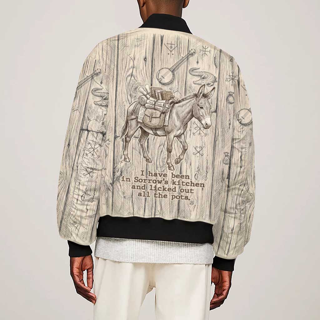 Zora Neale Hurston Sleeve Zip Bomber Jacket Rustic Wood Engraved Style Illustration Joyful Portrait with Book and Map Donkey - African Pride
