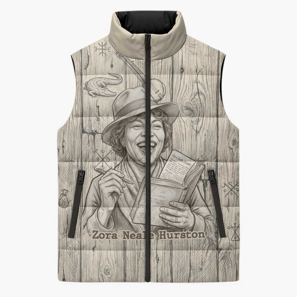 Zora Neale Hurston Sleeveless Puffer Jacket Rustic Wood Engraved Style Illustration Joyful Portrait with Book and Map Donkey - African Pride