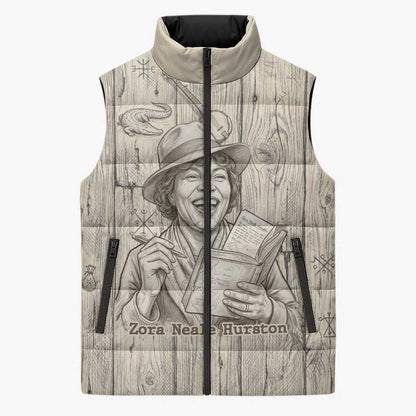Zora Neale Hurston Sleeveless Puffer Jacket Rustic Wood Engraved Style Illustration Joyful Portrait with Book and Map Donkey - African Pride