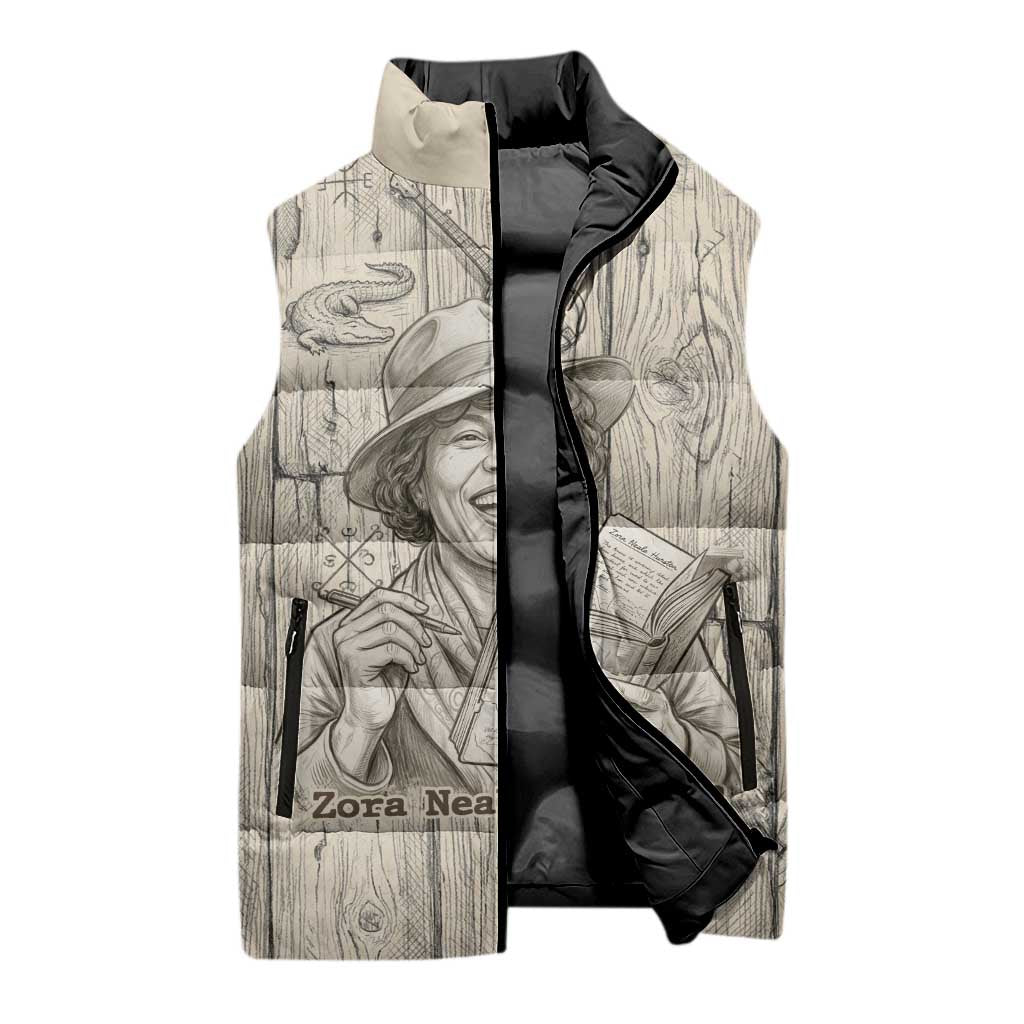 Zora Neale Hurston Sleeveless Puffer Jacket Rustic Wood Engraved Style Illustration Joyful Portrait with Book and Map Donkey - African Pride