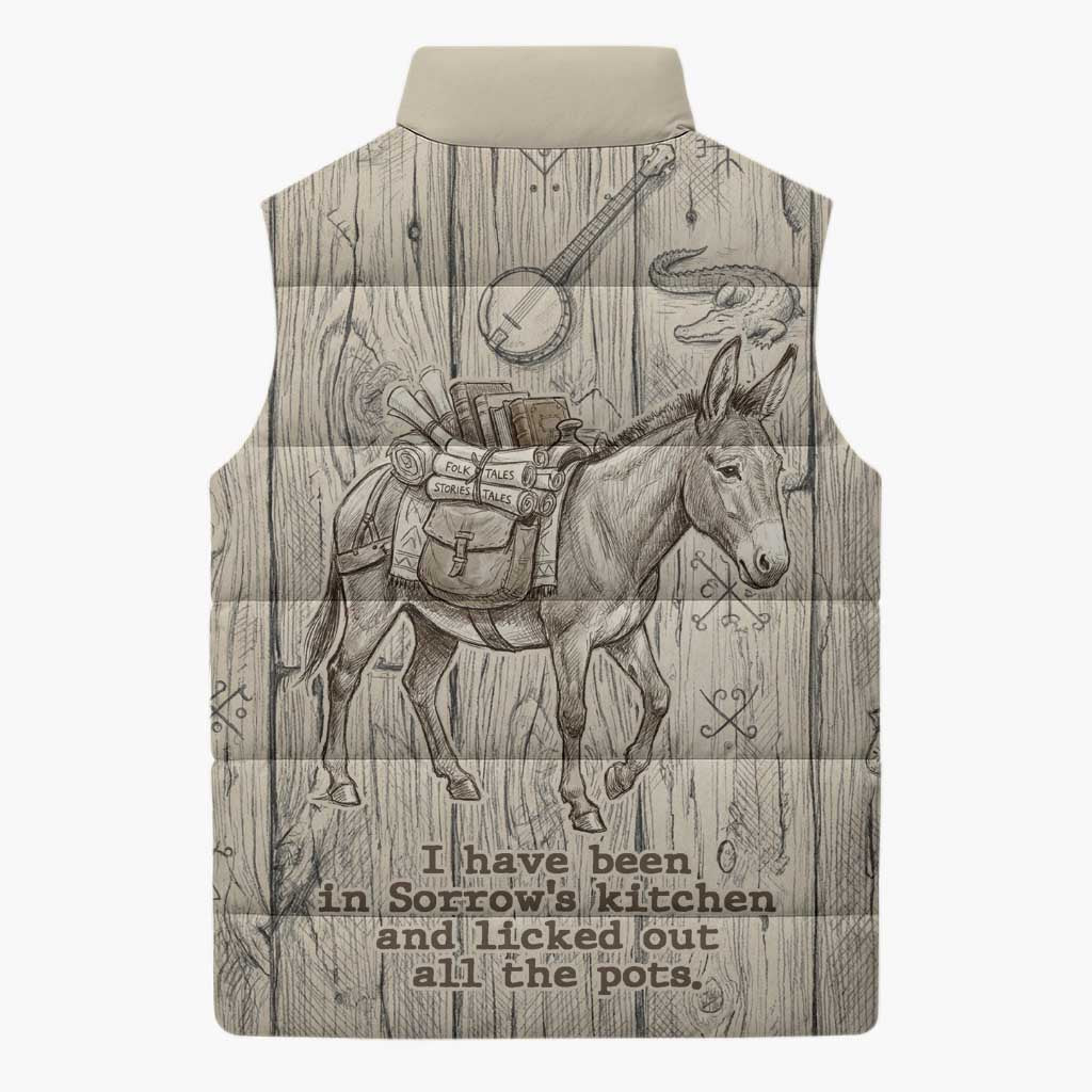 Zora Neale Hurston Sleeveless Puffer Jacket Rustic Wood Engraved Style Illustration Joyful Portrait with Book and Map Donkey - African Pride