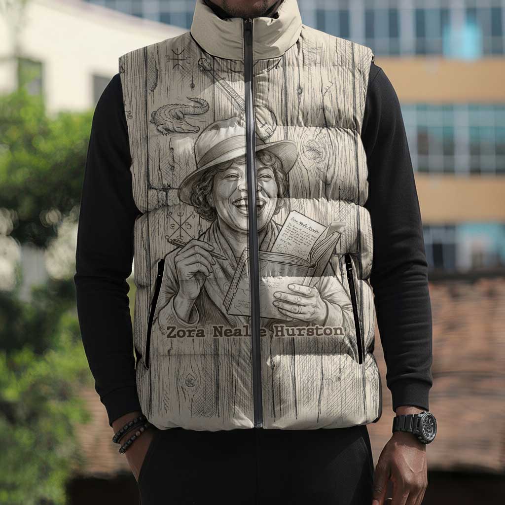 Zora Neale Hurston Sleeveless Puffer Jacket Rustic Wood Engraved Style Illustration Joyful Portrait with Book and Map Donkey - African Pride