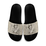Zora Neale Hurston Slide Sandals Rustic Wood Engraved Style Illustration Joyful Portrait with Book and Map Donkey - African Pride