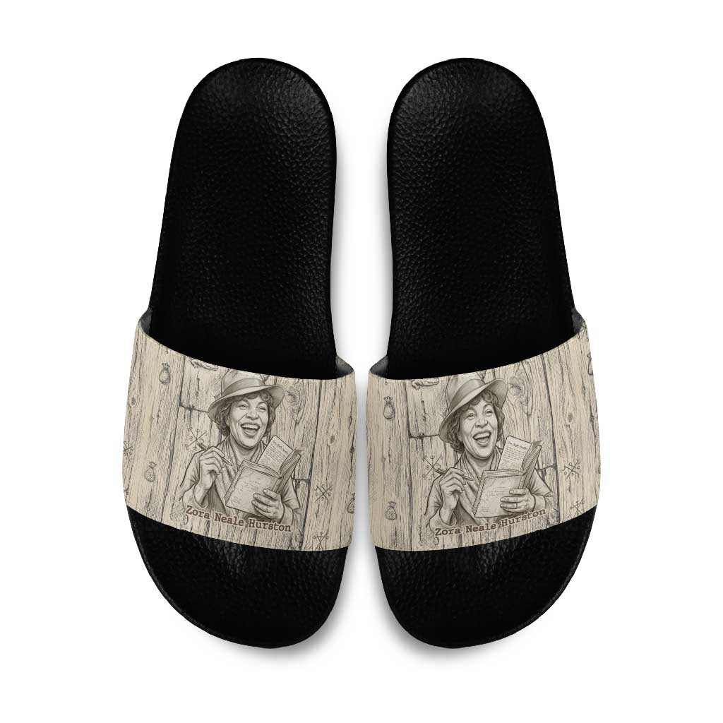 Zora Neale Hurston Slide Sandals Rustic Wood Engraved Style Illustration Joyful Portrait with Book and Map Donkey - African Pride