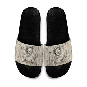 Zora Neale Hurston Slide Sandals Rustic Wood Engraved Style Illustration Joyful Portrait with Book and Map Donkey - African Pride