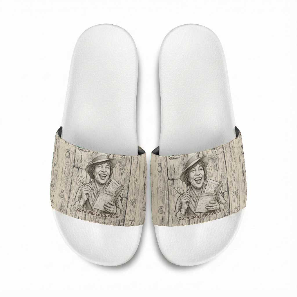 Zora Neale Hurston Slide Sandals Rustic Wood Engraved Style Illustration Joyful Portrait with Book and Map Donkey - African Pride