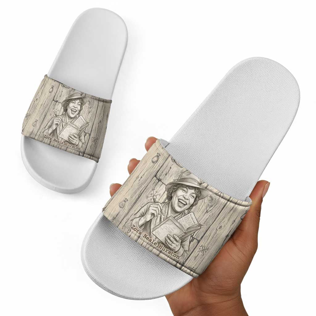 Zora Neale Hurston Slide Sandals Rustic Wood Engraved Style Illustration Joyful Portrait with Book and Map Donkey - African Pride