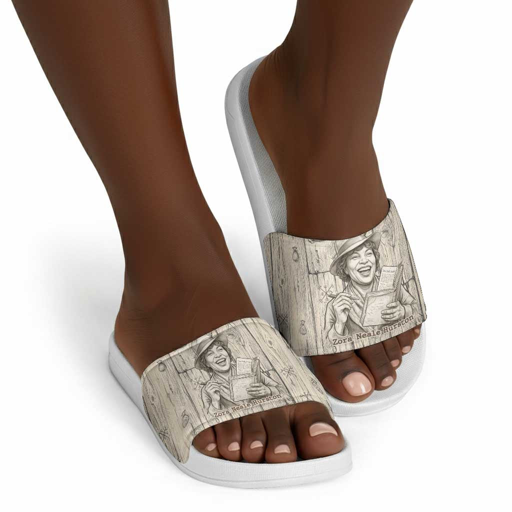 Zora Neale Hurston Slide Sandals Rustic Wood Engraved Style Illustration Joyful Portrait with Book and Map Donkey - African Pride