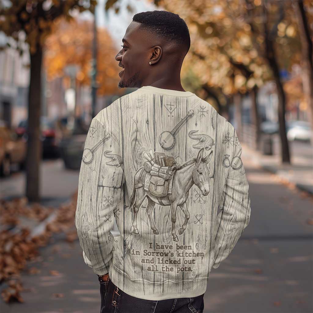 Zora Neale Hurston Sweatshirt Rustic Wood Engraved Style Illustration Joyful Portrait with Book and Map Donkey - African Pride