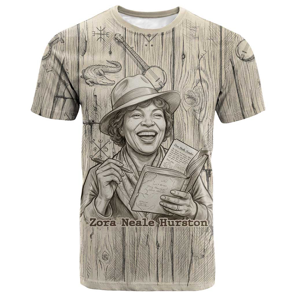 Zora Neale Hurston T shirt Rustic Wood Engraved Style Illustration Joyful Portrait with Book and Map Donkey - African Pride