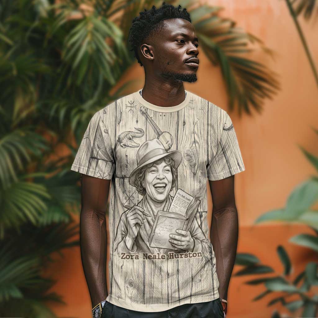 Zora Neale Hurston T shirt Rustic Wood Engraved Style Illustration Joyful Portrait with Book and Map Donkey - African Pride