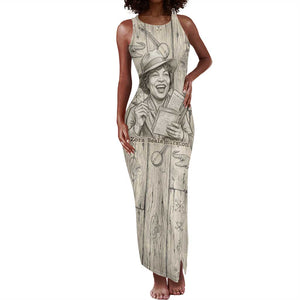 Zora Neale Hurston Tank Maxi Dress Rustic Wood Engraved Style Illustration Joyful Portrait with Book and Map Donkey - African Pride