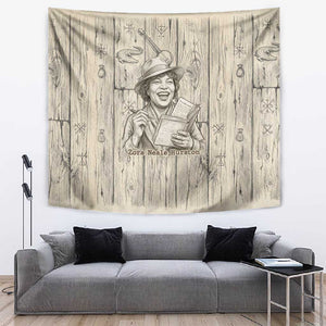 Zora Neale Hurston Tapestry Rustic Wood Engraved Style Illustration Joyful Portrait with Book and Map Donkey - African Pride