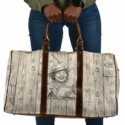 Zora Neale Hurston Travel Bag Rustic Wood Engraved Style Illustration Joyful Portrait with Book and Map Donkey - African Pride