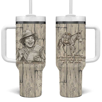Zora Neale Hurston Tumbler With Handle Rustic Wood Engraved Style Illustration Joyful Portrait with Book and Map Donkey - African Pride