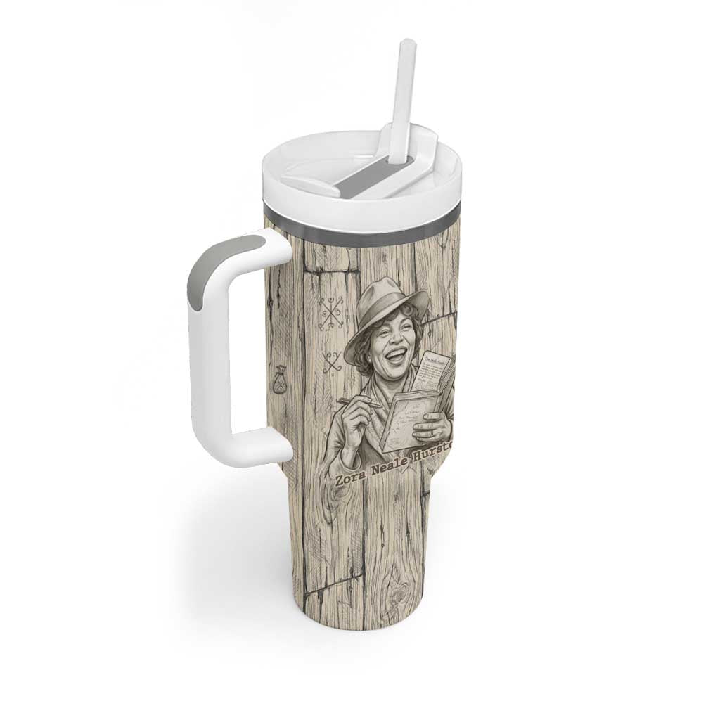 Zora Neale Hurston Tumbler With Handle Rustic Wood Engraved Style Illustration Joyful Portrait with Book and Map Donkey - African Pride