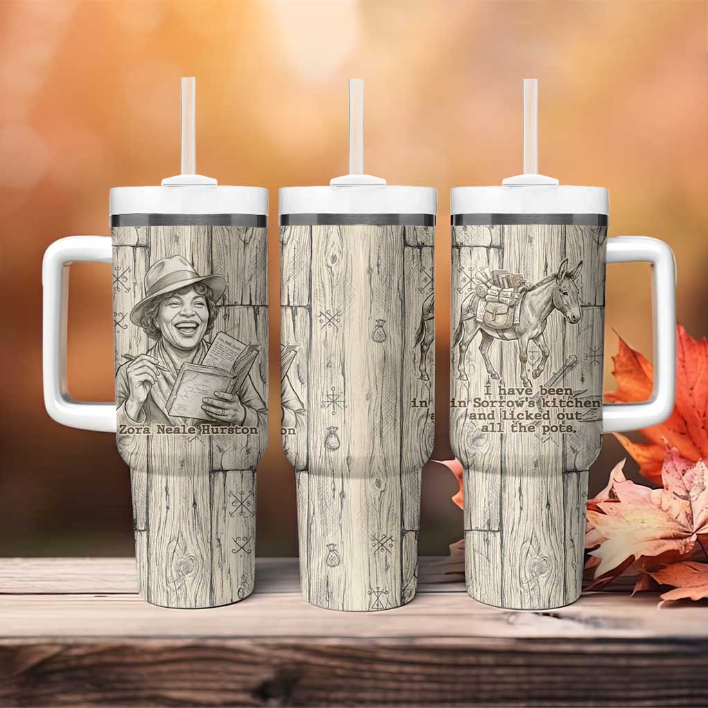 Zora Neale Hurston Tumbler With Handle Rustic Wood Engraved Style Illustration Joyful Portrait with Book and Map Donkey - African Pride