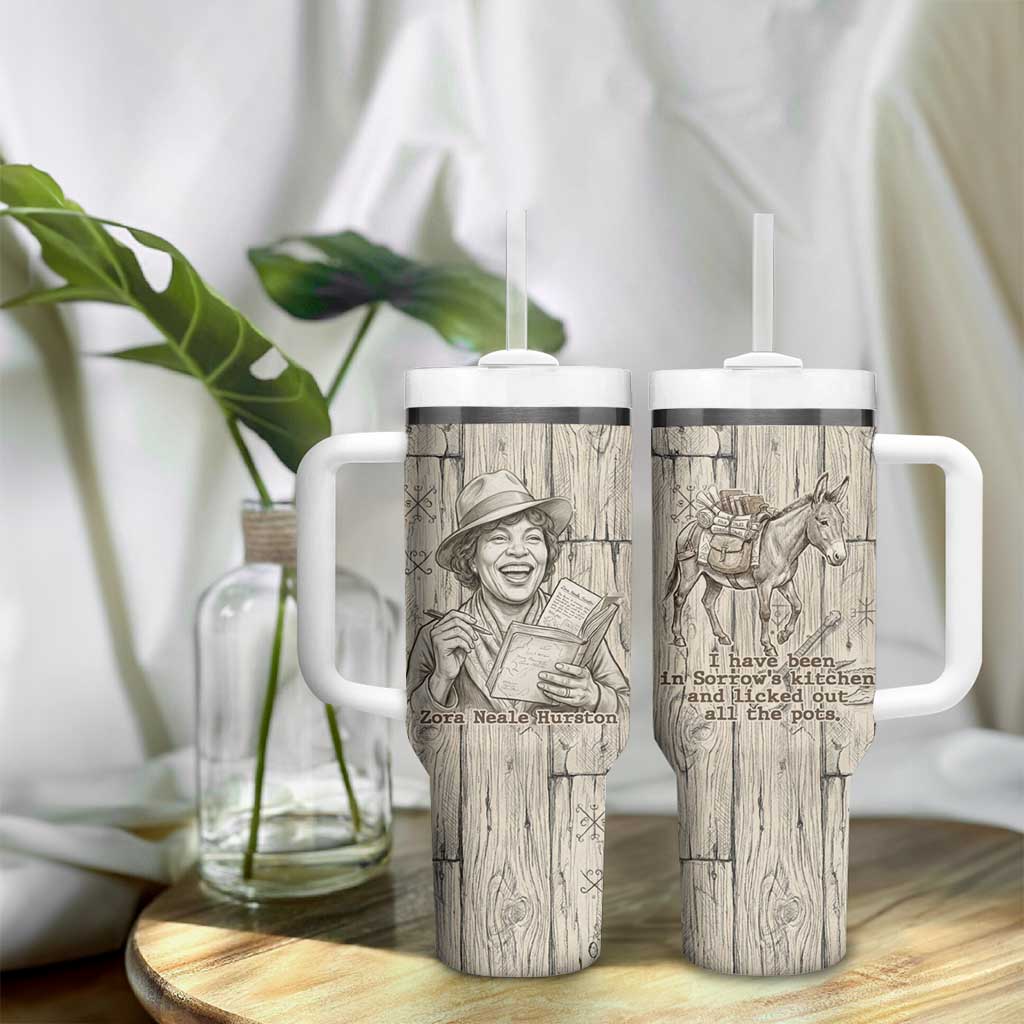 Zora Neale Hurston Tumbler With Handle Rustic Wood Engraved Style Illustration Joyful Portrait with Book and Map Donkey - African Pride