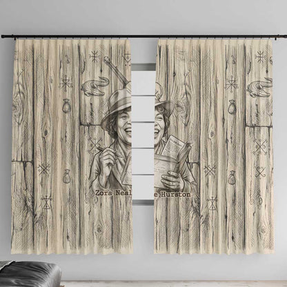 Zora Neale Hurston Window Curtain Rustic Wood Engraved Style Illustration Joyful Portrait with Book and Map Donkey - African Pride