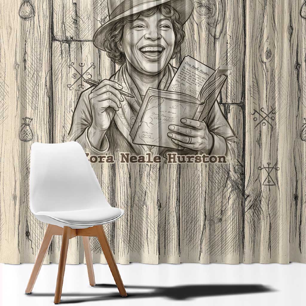 Zora Neale Hurston Window Curtain Rustic Wood Engraved Style Illustration Joyful Portrait with Book and Map Donkey - African Pride