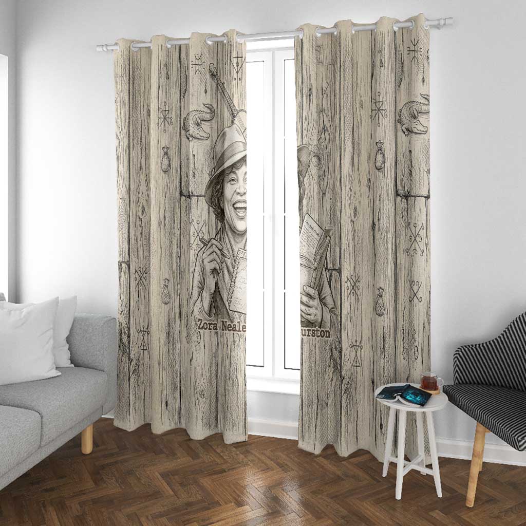 Zora Neale Hurston Window Curtain Rustic Wood Engraved Style Illustration Joyful Portrait with Book and Map Donkey - African Pride