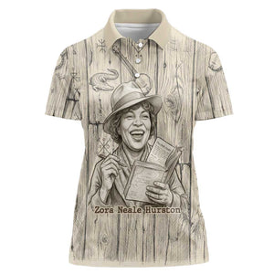 Zora Neale Hurston Women Polo Shirt Rustic Wood Engraved Style Illustration Joyful Portrait with Book and Map Donkey - African Pride