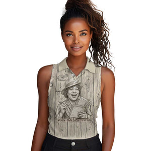 Zora Neale Hurston Women Sleeveless Polo Shirt Rustic Wood Engraved Style Illustration Joyful Portrait with Book and Map Donkey - African Pride