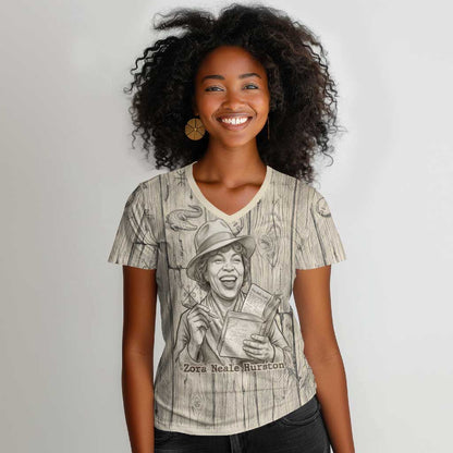 Zora Neale Hurston Women V-Neck T-Shirt Rustic Wood Engraved Style Illustration Joyful Portrait with Book and Map Donkey - African Pride