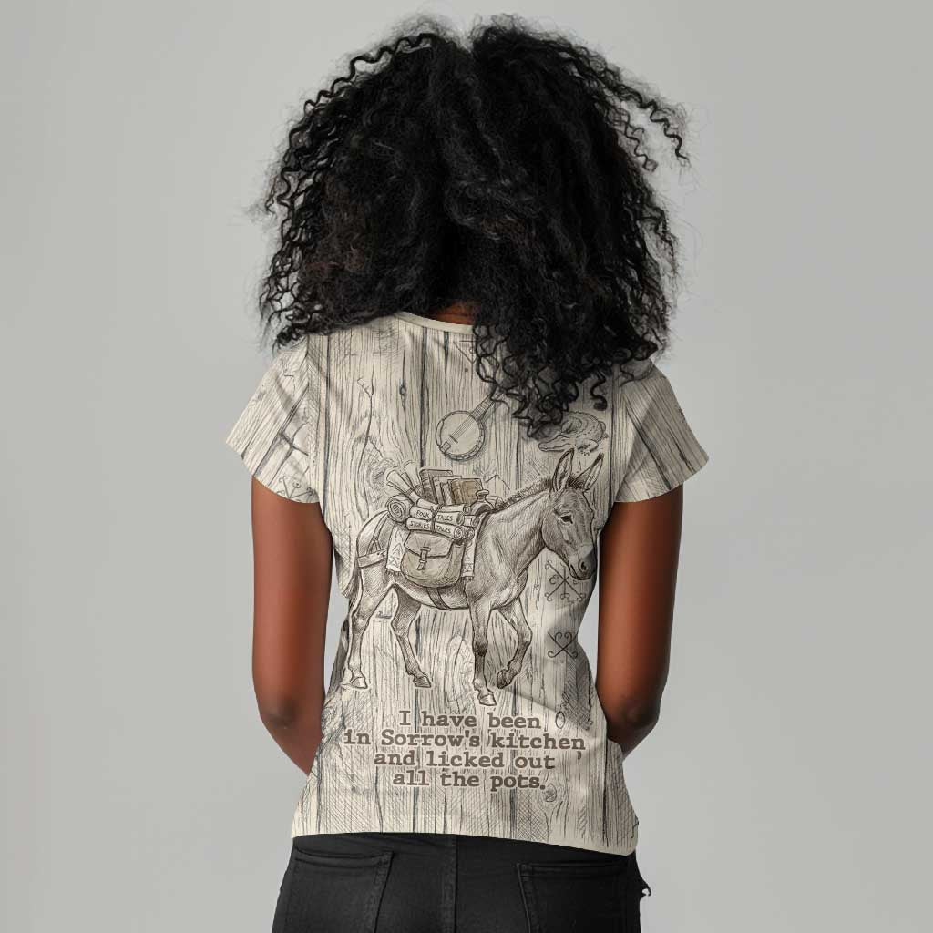 Zora Neale Hurston Women V-Neck T-Shirt Rustic Wood Engraved Style Illustration Joyful Portrait with Book and Map Donkey - African Pride