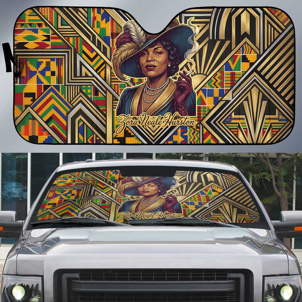 Zora Neale Hurston Auto Sun Shade Bold Kente and Art Deco Pattern - I Am Not Tragically Colored - African Pride