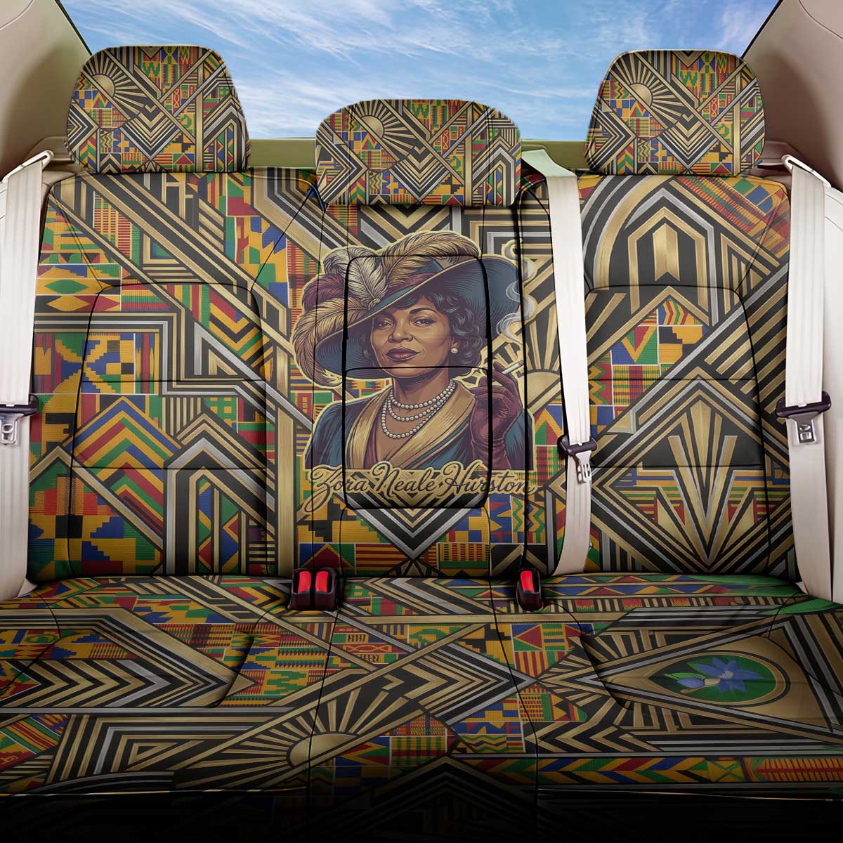 Zora Neale Hurston Back Car Seat Cover Bold Kente and Art Deco Pattern - I Am Not Tragically Colored - African Pride