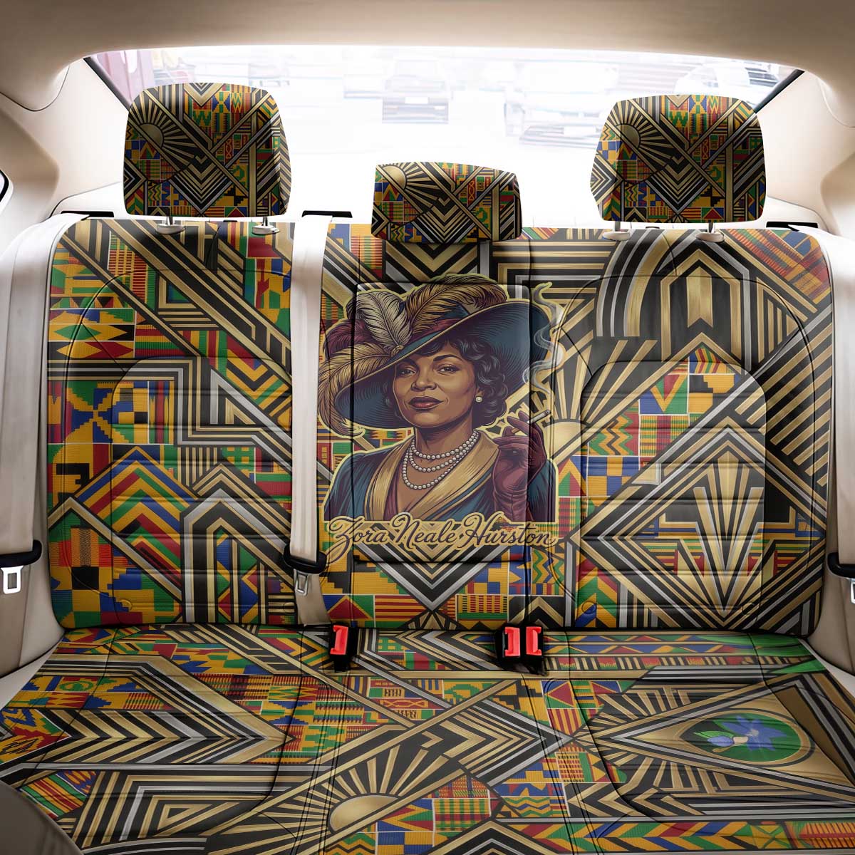 Zora Neale Hurston Back Car Seat Cover Bold Kente and Art Deco Pattern - I Am Not Tragically Colored - African Pride