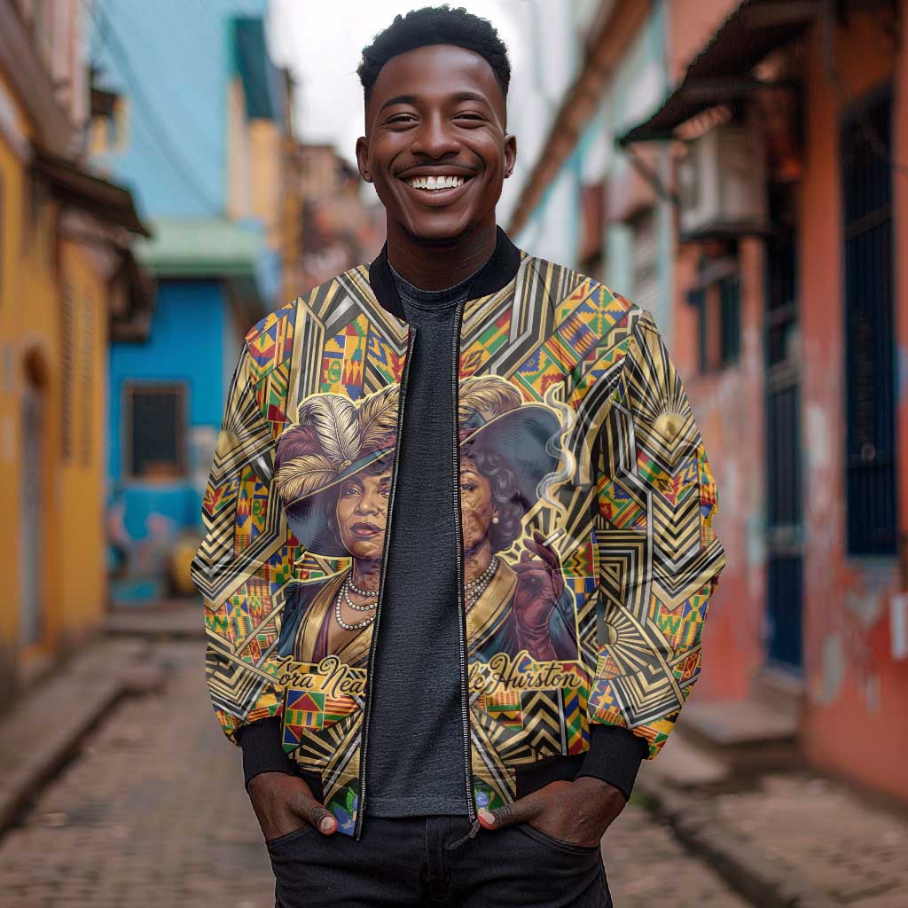 Zora Neale Hurston Bomber Jacket Bold Kente and Art Deco Pattern - I Am Not Tragically Colored - African Pride