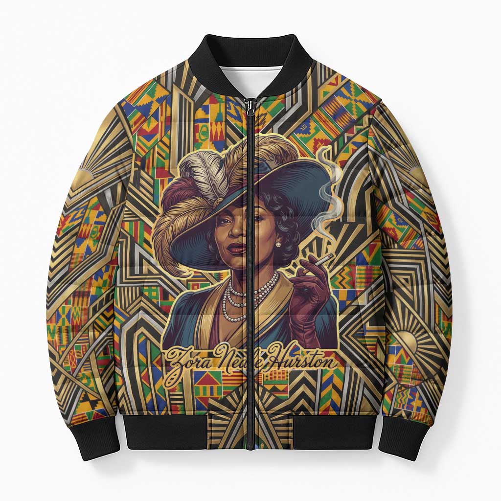 Zora Neale Hurston Bomber Puffer Jacket Bold Kente and Art Deco Pattern - I Am Not Tragically Colored - African Pride