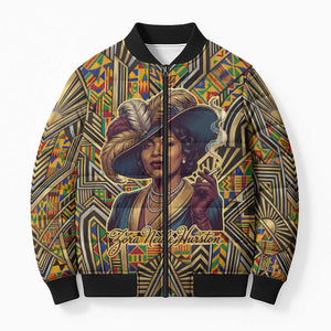 Zora Neale Hurston Bomber Puffer Jacket Bold Kente and Art Deco Pattern - I Am Not Tragically Colored - African Pride