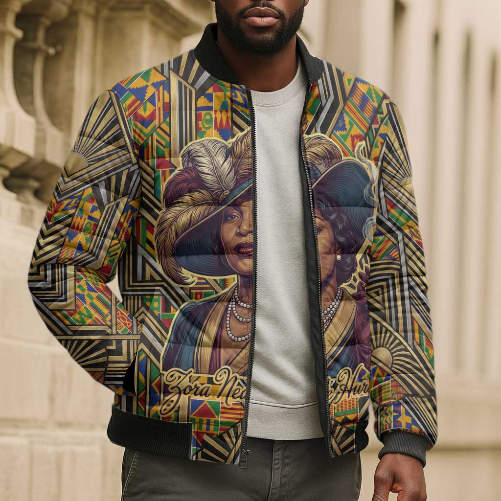 Zora Neale Hurston Bomber Puffer Jacket Bold Kente and Art Deco Pattern - I Am Not Tragically Colored - African Pride
