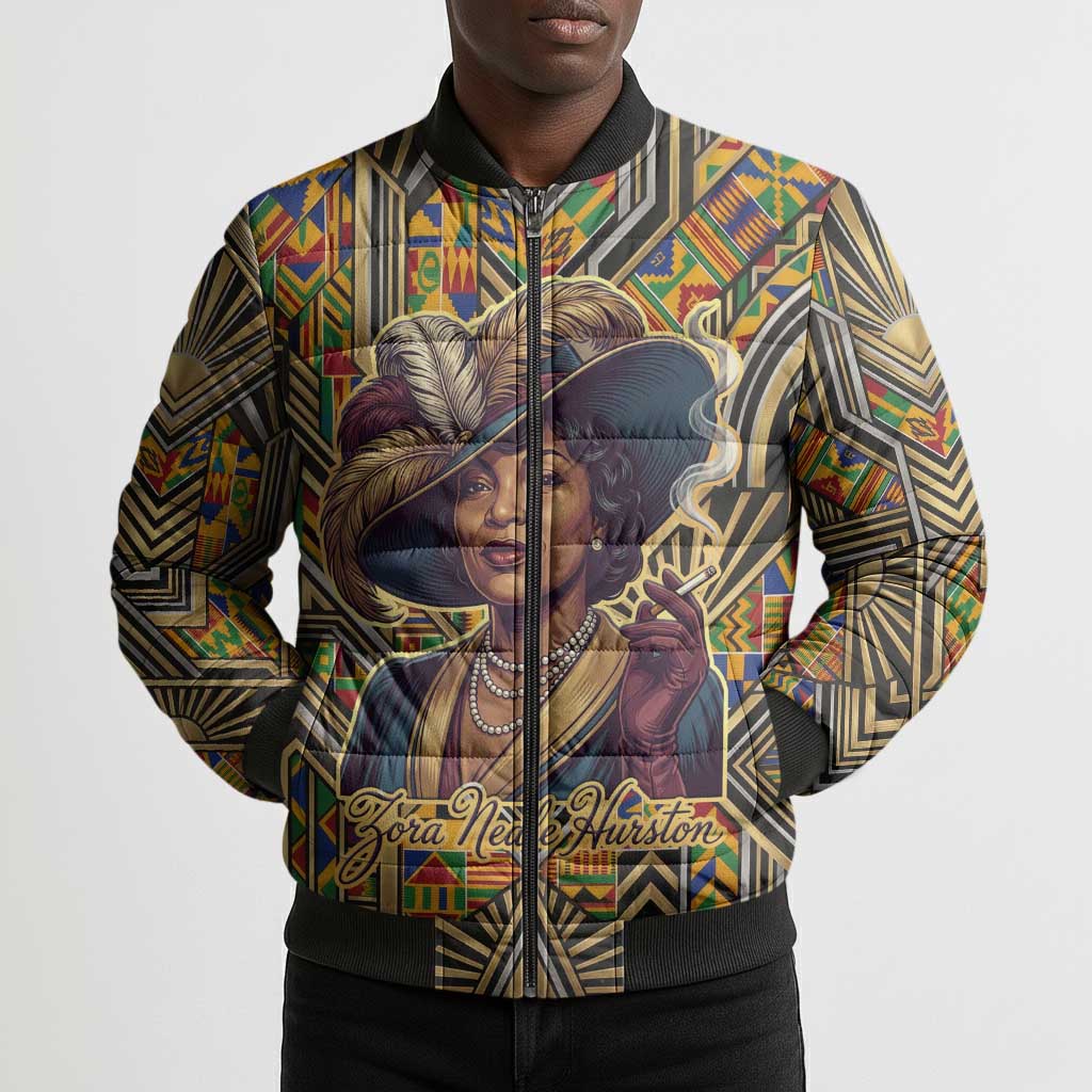 Zora Neale Hurston Bomber Puffer Jacket Bold Kente and Art Deco Pattern - I Am Not Tragically Colored - African Pride