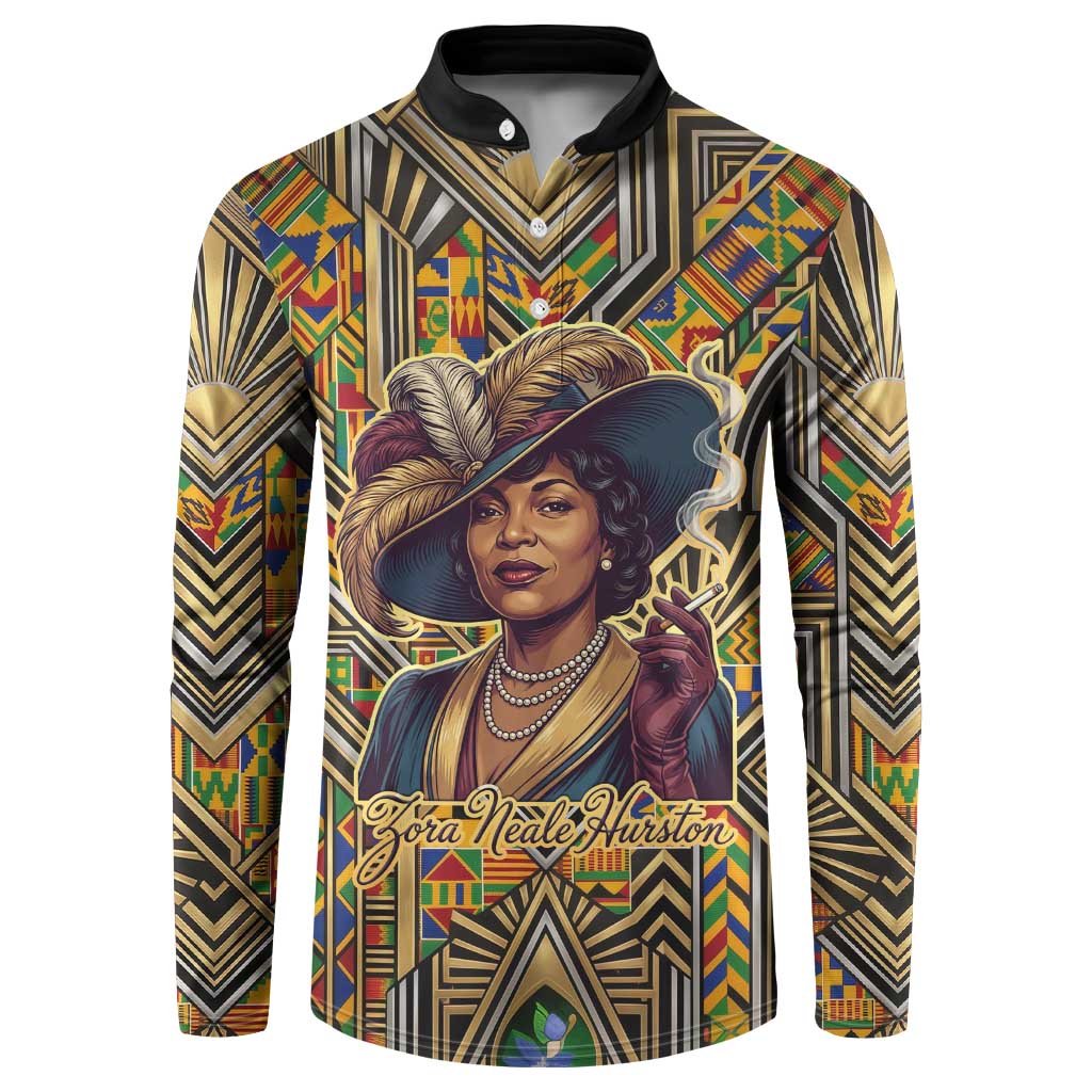 Zora Neale Hurston Button Sweatshirt Bold Kente and Art Deco Pattern - I Am Not Tragically Colored
