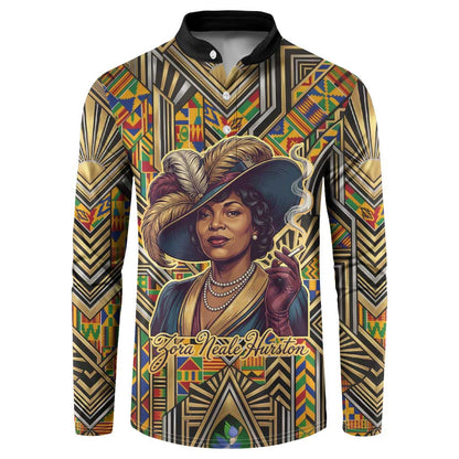 Zora Neale Hurston Button Sweatshirt Bold Kente and Art Deco Pattern - I Am Not Tragically Colored