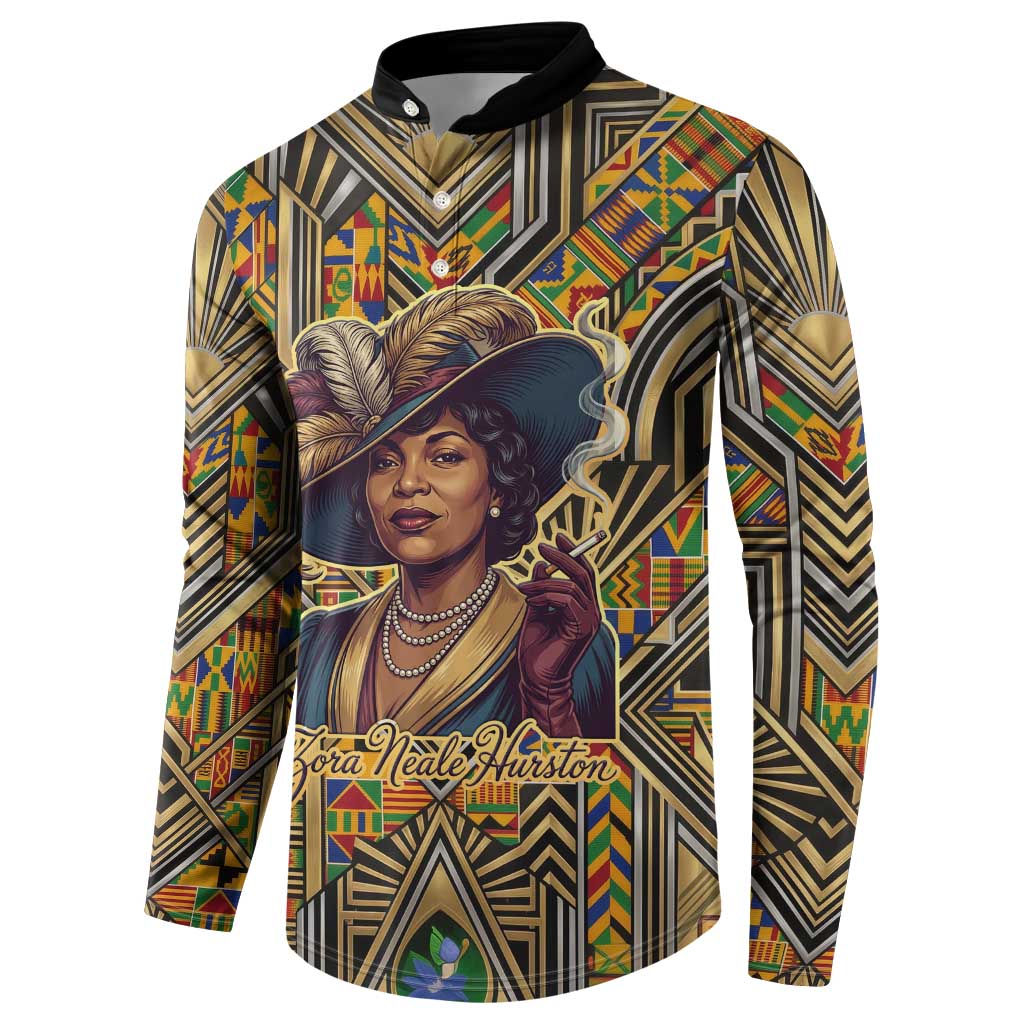 Zora Neale Hurston Button Sweatshirt Bold Kente and Art Deco Pattern - I Am Not Tragically Colored