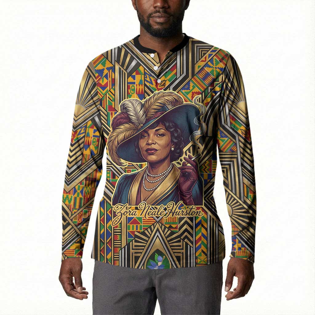 Zora Neale Hurston Button Sweatshirt Bold Kente and Art Deco Pattern - I Am Not Tragically Colored