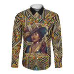 Zora Neale Hurston Long Sleeve Button Shirt Bold Kente and Art Deco Pattern - I Am Not Tragically Colored - African Pride
