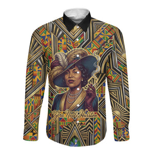 Zora Neale Hurston Long Sleeve Button Shirt Bold Kente and Art Deco Pattern - I Am Not Tragically Colored - African Pride