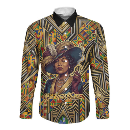 Zora Neale Hurston Long Sleeve Button Shirt Bold Kente and Art Deco Pattern - I Am Not Tragically Colored - African Pride