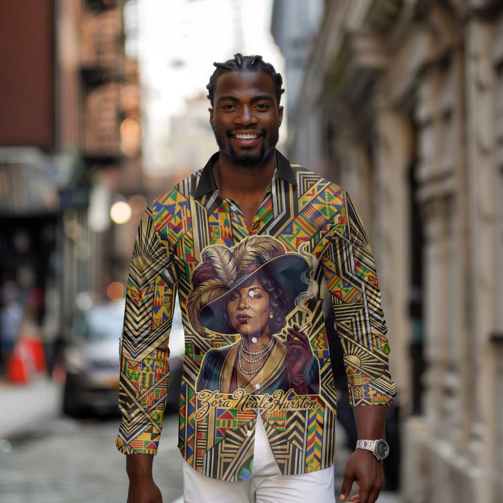 Zora Neale Hurston Long Sleeve Button Shirt Bold Kente and Art Deco Pattern - I Am Not Tragically Colored - African Pride