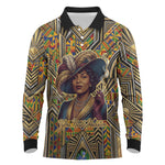 Zora Neale Hurston Long Sleeve Polo Shirt Bold Kente and Art Deco Pattern - I Am Not Tragically Colored - African Pride