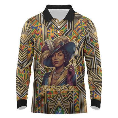 Zora Neale Hurston Long Sleeve Polo Shirt Bold Kente and Art Deco Pattern - I Am Not Tragically Colored - African Pride