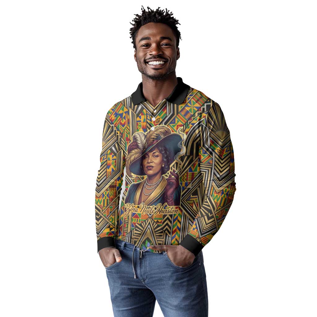 Zora Neale Hurston Long Sleeve Polo Shirt Bold Kente and Art Deco Pattern - I Am Not Tragically Colored - African Pride